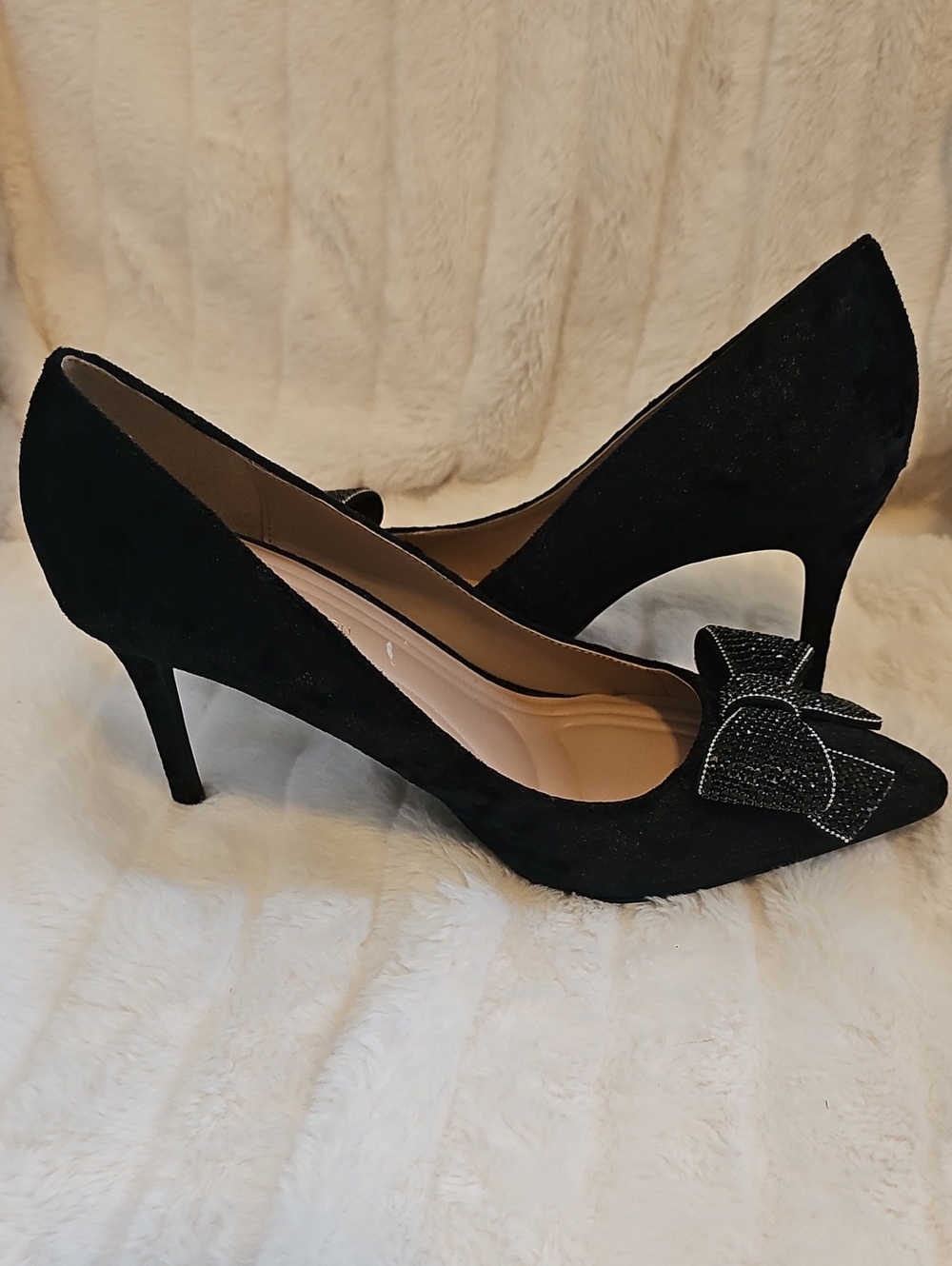 BCBGeneration Black Suede Pointed Toe Heels with Rhinestone Bow